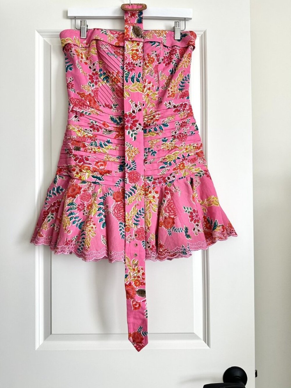 HEMANT & NANDITA Fiora Pink Floral Strapless Linen Blend Mini Dress Size M - Picture 2 of 9
